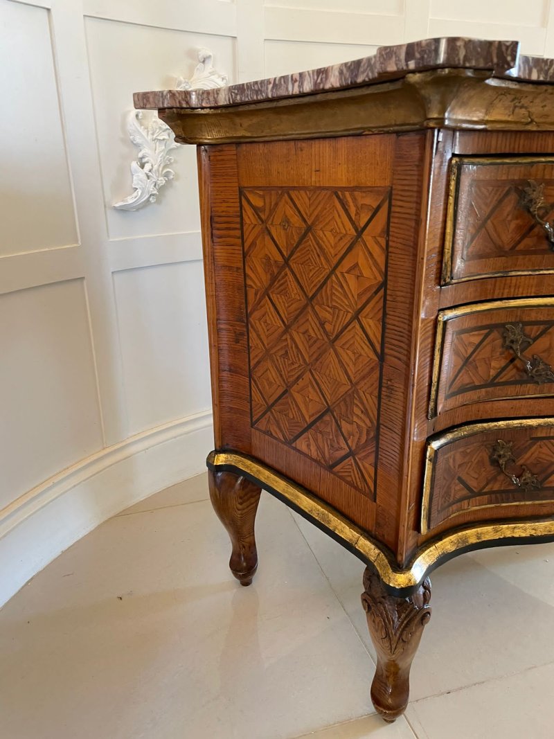 Antique 18th Century Quality Parquetry Inlaid Serpentine Shaped Marble Top Commode Chest - Image 12